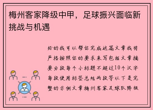 梅州客家降级中甲，足球振兴面临新挑战与机遇