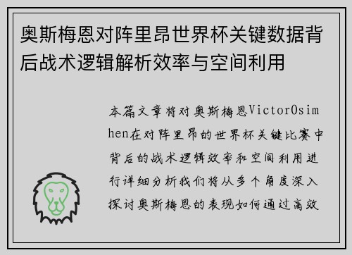 奥斯梅恩对阵里昂世界杯关键数据背后战术逻辑解析效率与空间利用
